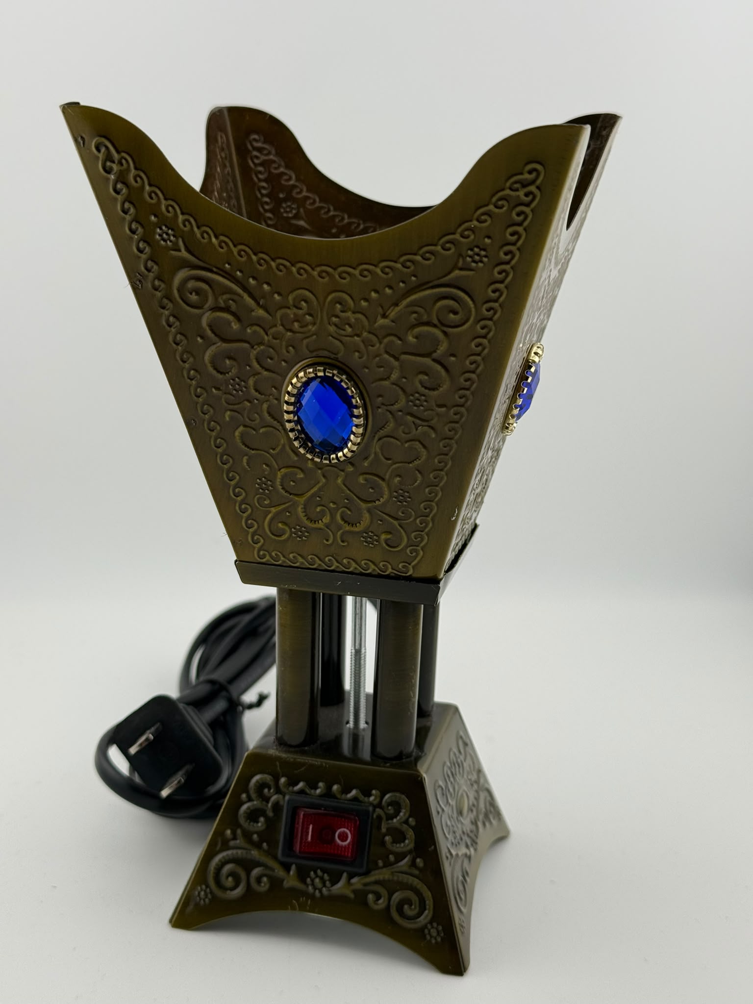 antique Bronze Electric Bakhoor Incense Burner with Blue Crystal Accents