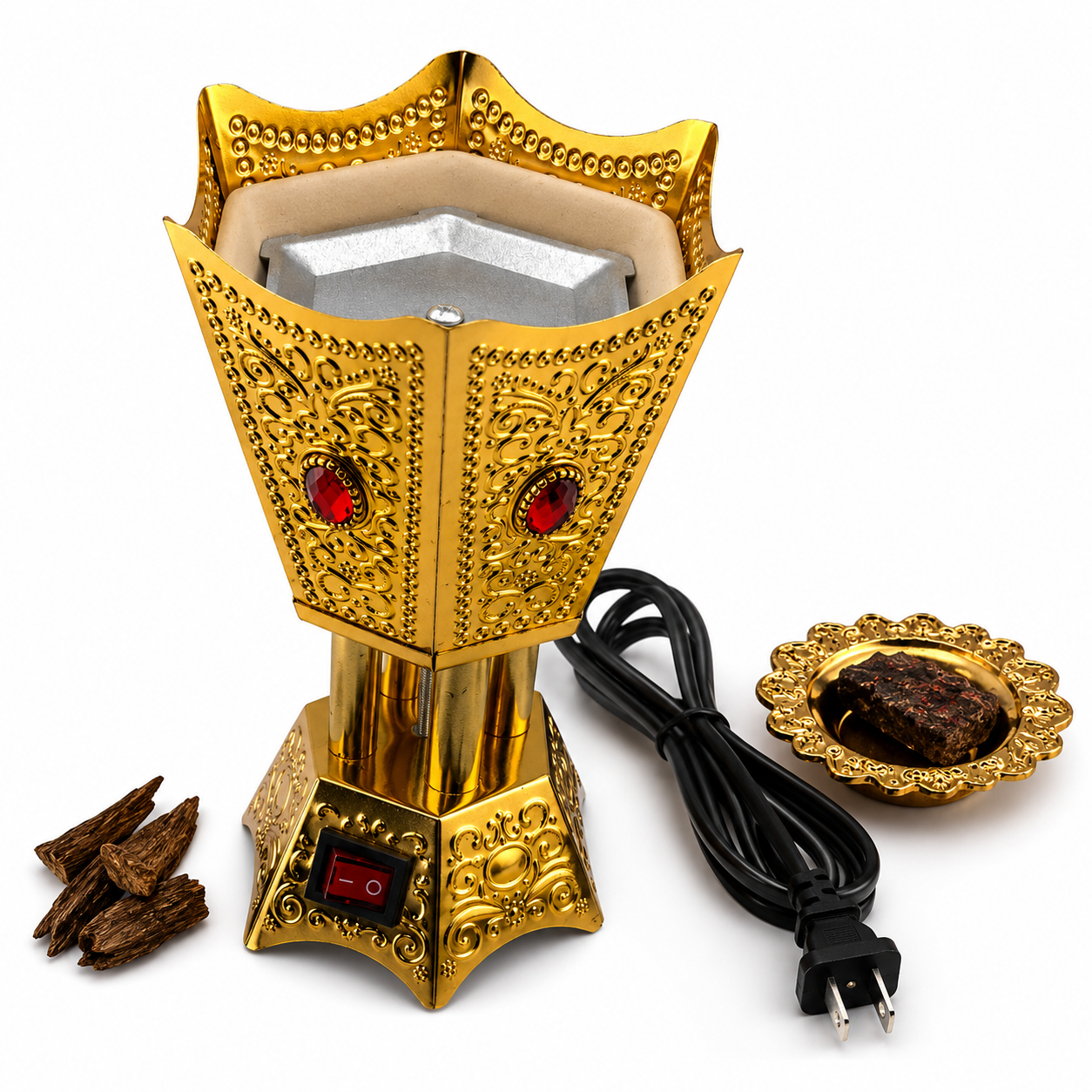 Gold Electric Bakhoor Incense Burner with Red Crystal Accents