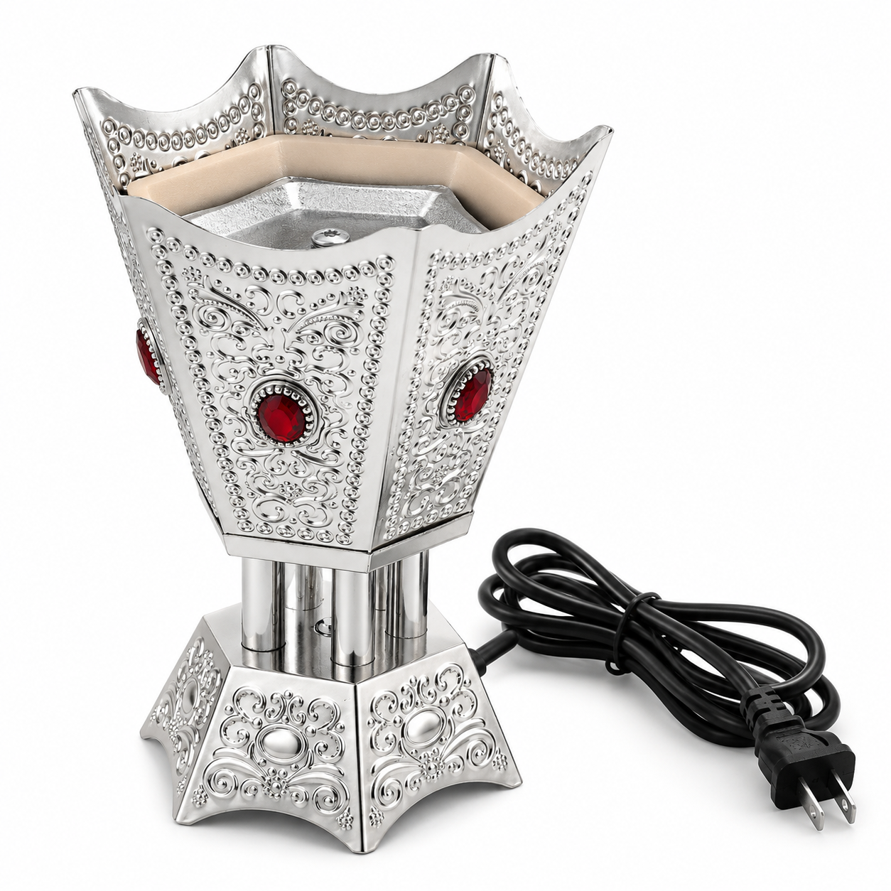 Silver Electric Bakhoor Incense Burner with Red Crystal Accents
