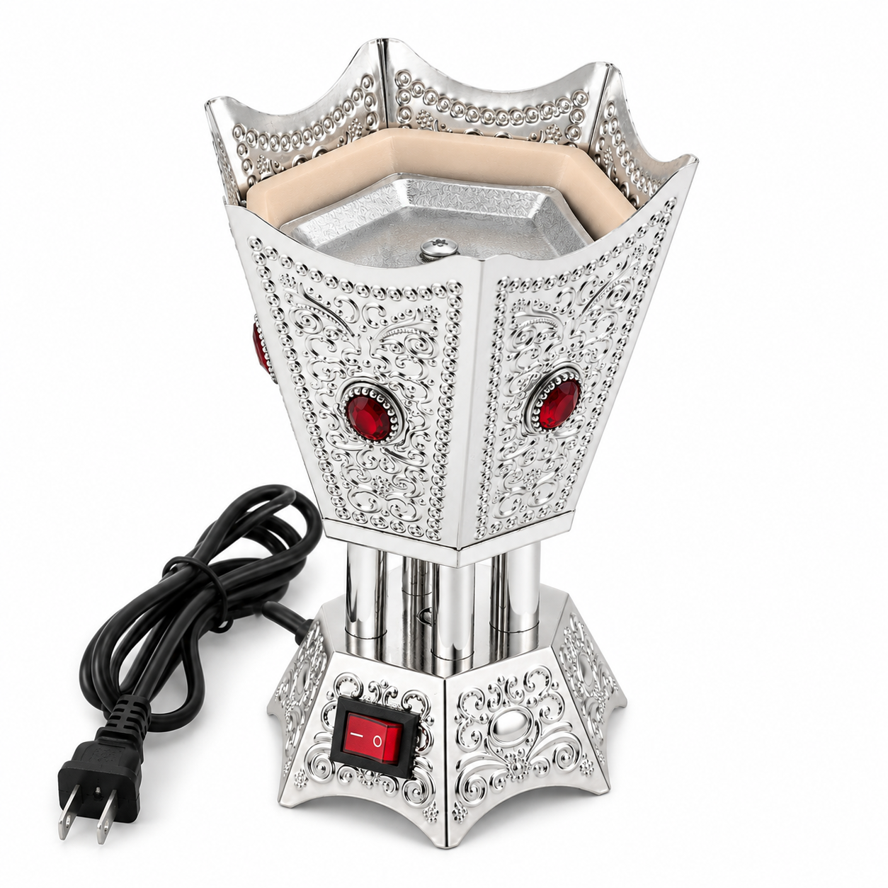 Silver Electric Bakhoor Incense Burner with Red Crystal Accents
