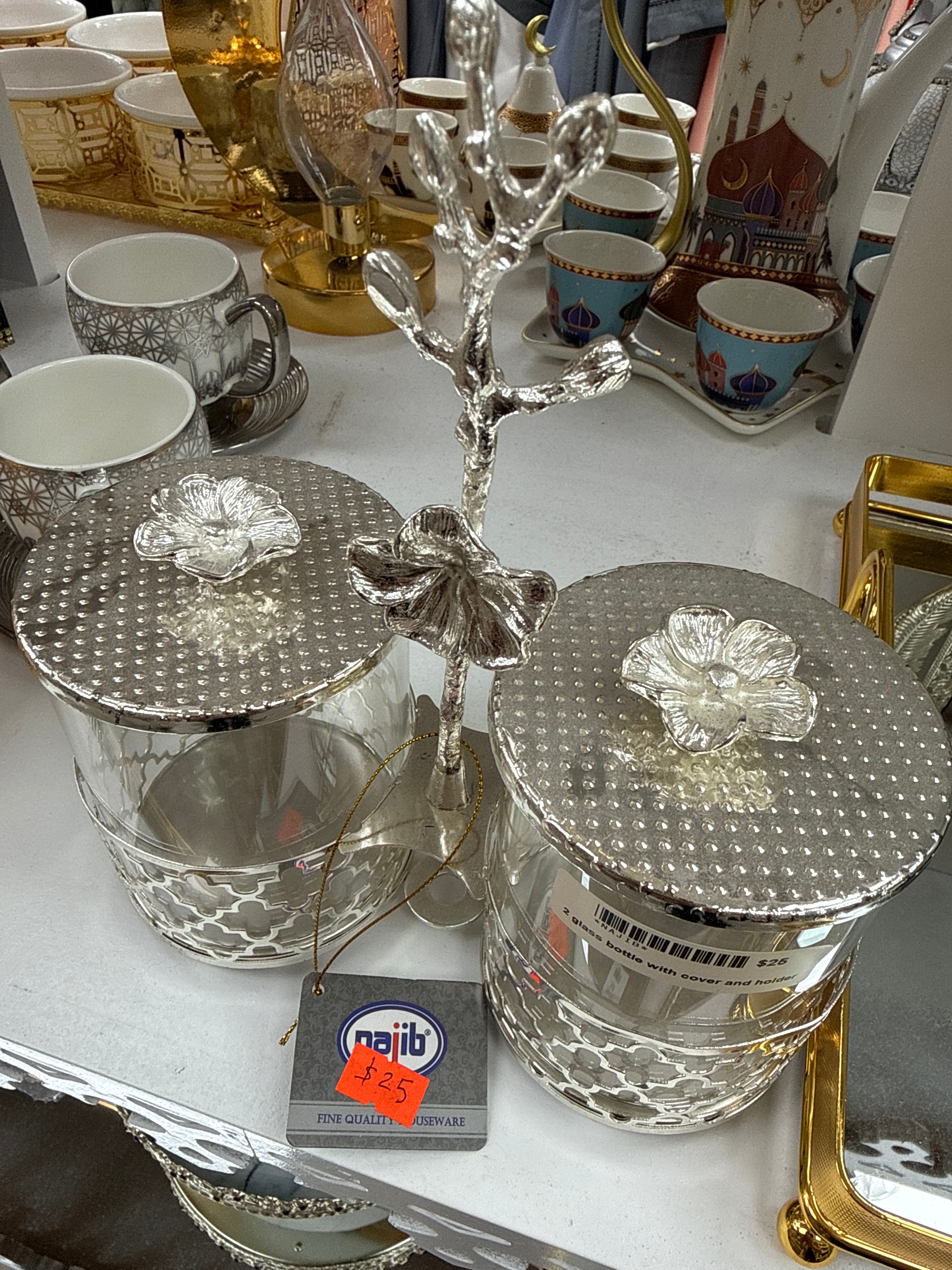 2 glass bottle with cover and holder